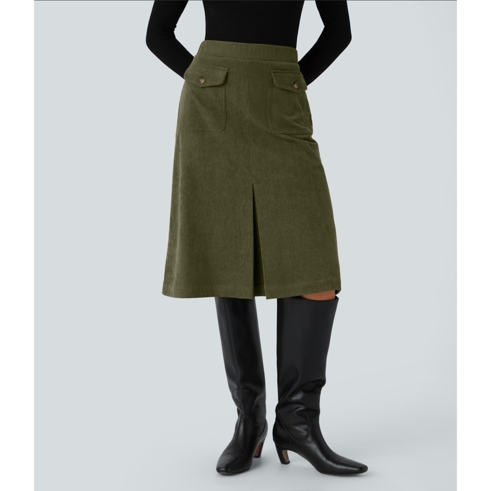 Halara Mid Rise Front Side Flap Pocket Green Large Corduroy Casual Skirt New